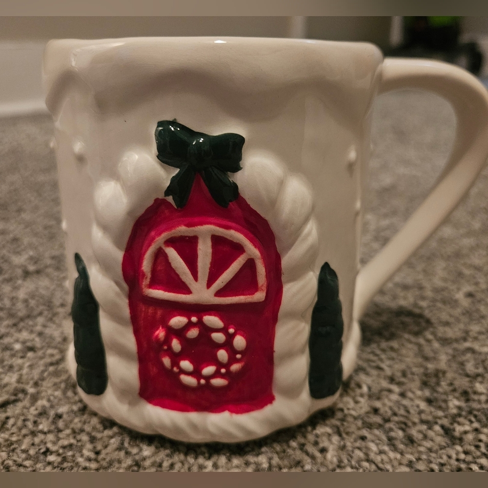 Festive White Gingerbread House Mug Red Door Design